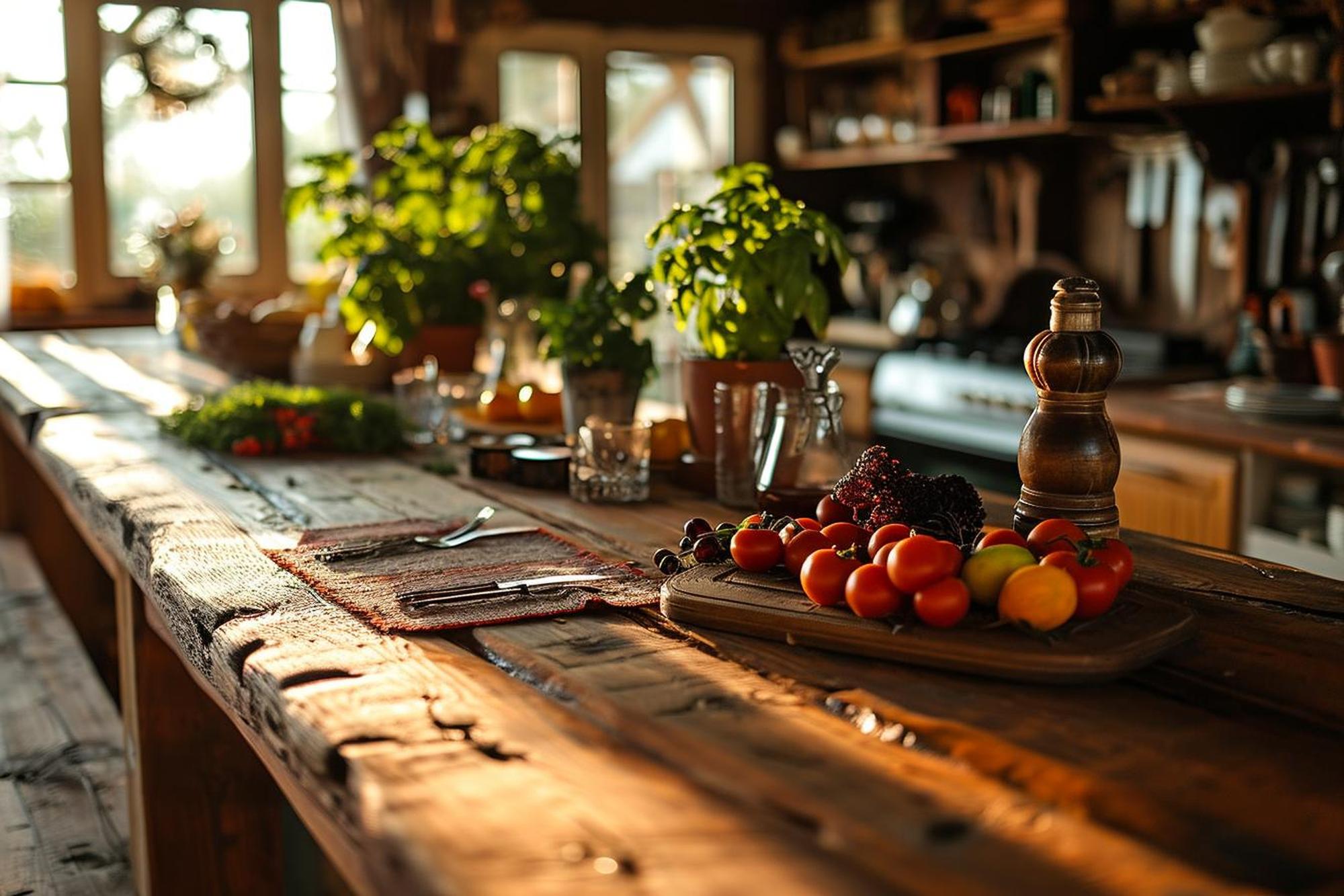 Interior of a small local kitchen with wooden counter and ingredients